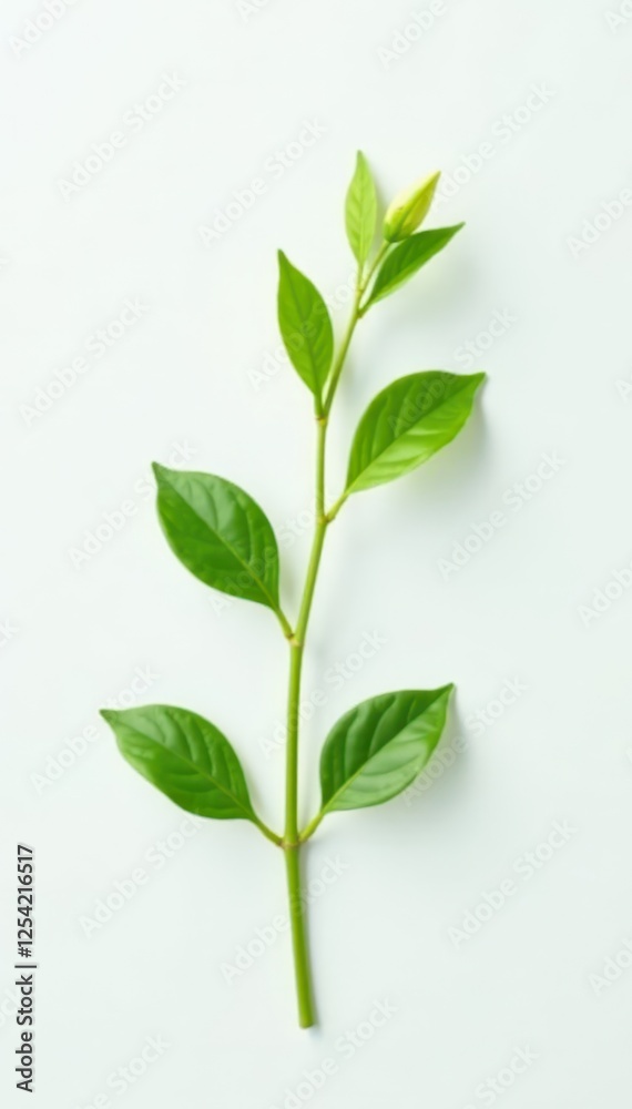 Fototapeta premium Single green sprig, delicate leaves, pure white backdrop , photography, detail