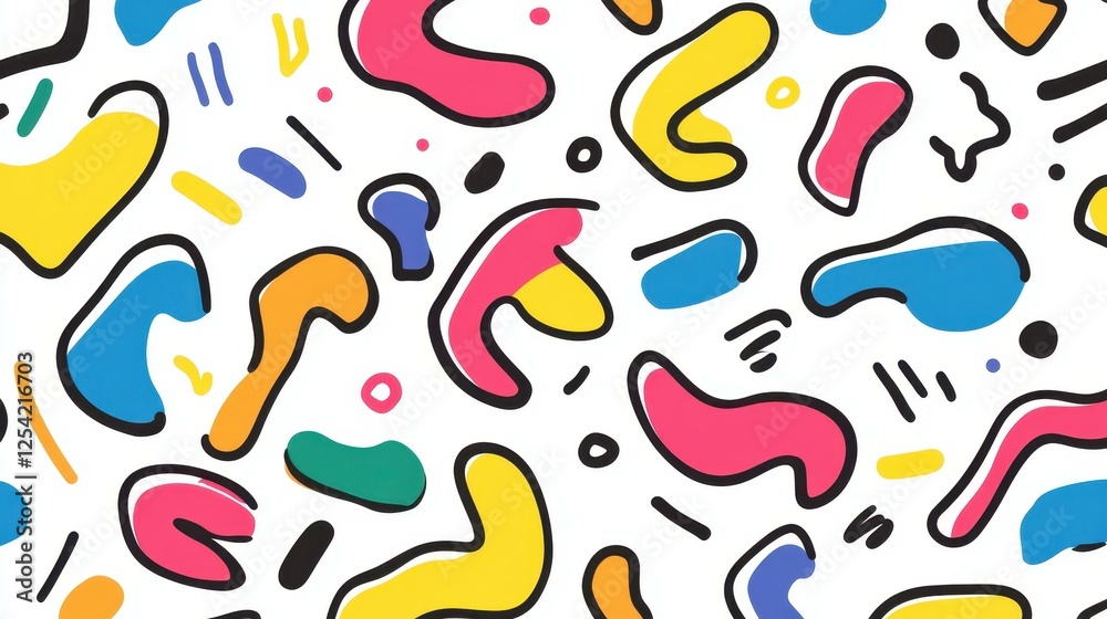 Bright and playful doodle pattern perfect for kids spaces or trendy design projects, featuring colorful squiggles and shapes. Bright and playful doodle pattern perfect for kids spaces or trendy design projects, featuring colorful squiggles and shapes.