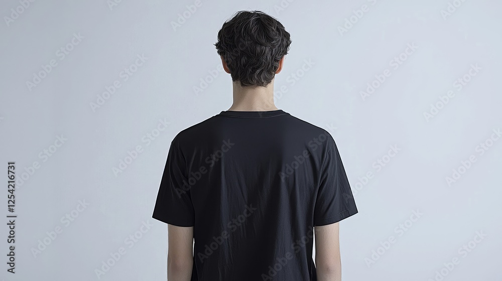 Male Figure in Black Shirt Standing Against Plain Background Male Figure in Black Shirt Standing Against Plain Background