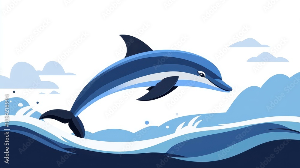 Obraz premium A sleek dolphin soars above the waves, embodying modern minimalism with clean lines and vibrant textures in a playful design.
