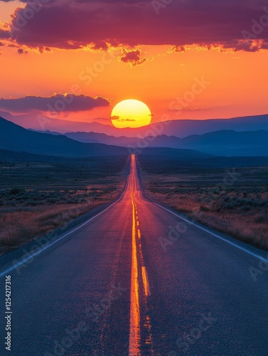 A Road to Serenity: A Stunning Sunset View Over the Horizon, Illuminating a Desert Highway with Vivid Colors and Warmth, Creating a Sense of Peace and Adventure
