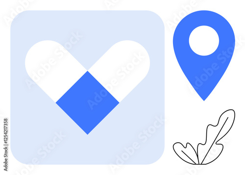 Pill forming a heart in a rounded square, a blue location pin, and a minimalist leaf. Ideal for health, navigation, medication, wellness, location-based services, minimalism and modern design