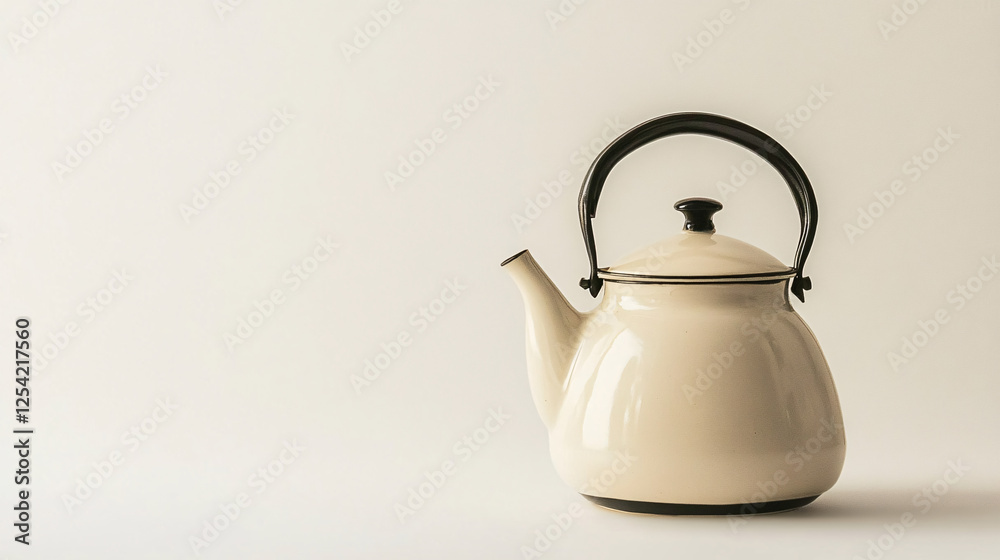 A classic cream-colored teapot with a curved black handle placed against a warm neutral background with soft natural lighting
A classic cream-colored teapot with a curved black handle placed against a warm neutral background with soft natural lighting