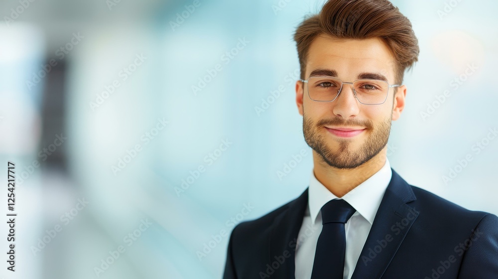 A businessman in sharp eyeglasses confidently holds a tablet, set against a sleek futuristic backdrop. A businessman in sharp eyeglasses confidently holds a tablet, set against a sleek futuristic backdrop.