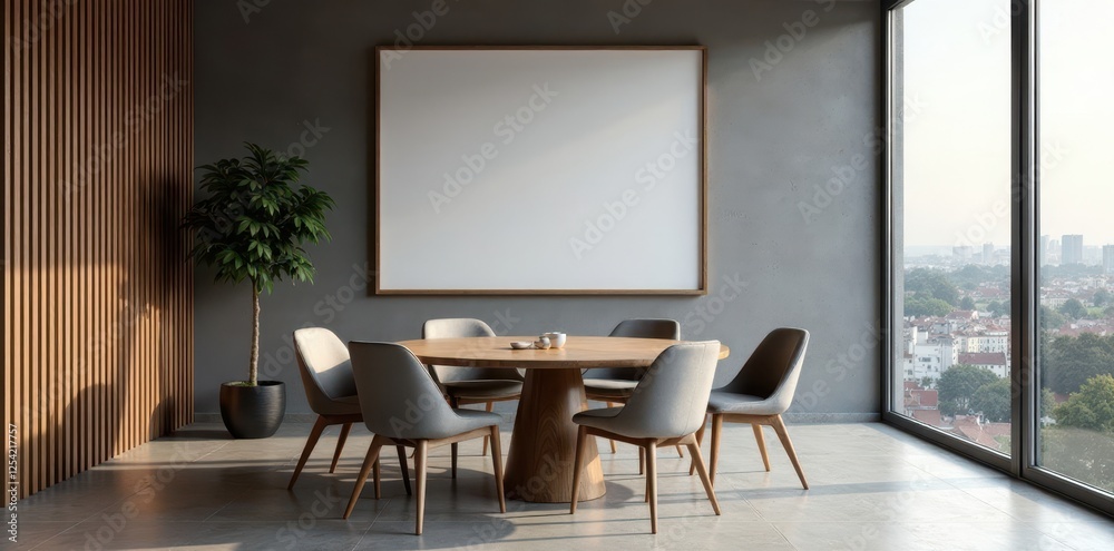 Modern round dining table with chairs, cityscape view, slatted wall, blank frame , round table, dining room Modern round dining table with chairs, cityscape view, slatted wall, blank frame , round table, dining room