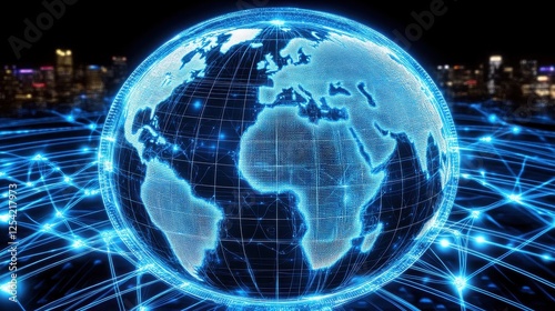 Wireframe globe with pulsating blue network lines connecting different countries, illustrating international digital connectivity, internet infrastructure, and cybersecurity concept, futuristic design