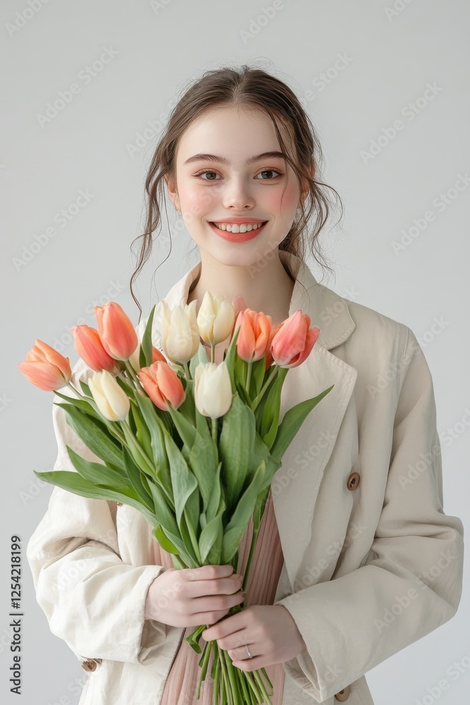 A young woman holding a bouquet of tulips against a white studio backdrop A young woman holding a bouquet of tulips against a white studio backdrop
