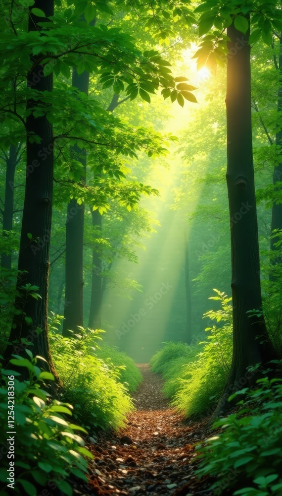 Naklejka premium Sunlight filters through leaves, creating ethereal glow in vibrant green woods, beams, birch