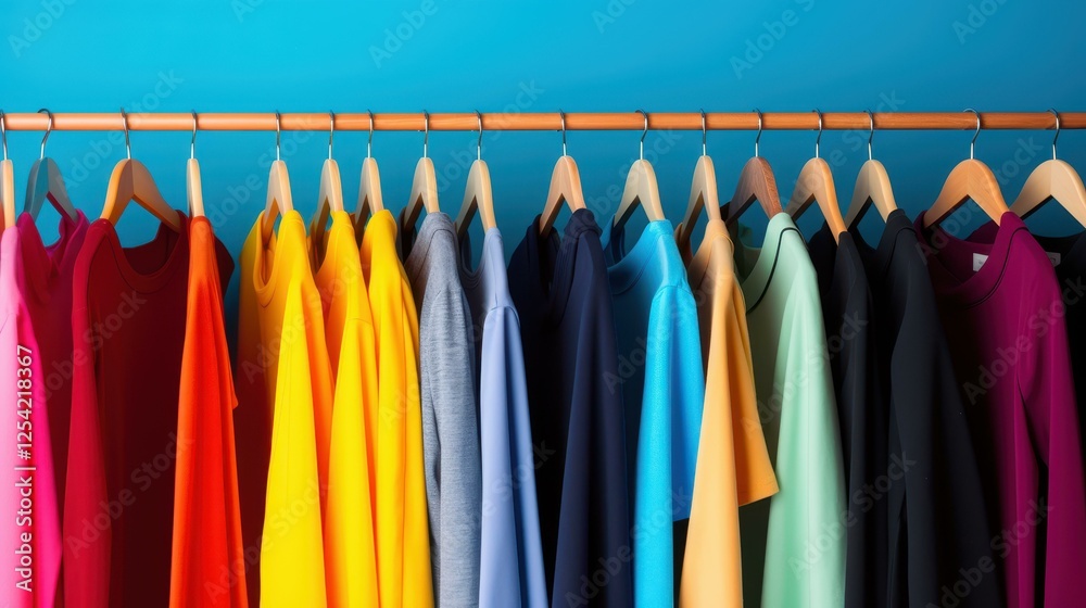 Fototapeta premium Vibrant wardrobe rack brimming with an array of colorful clothes, adding a cheerful touch to any space.