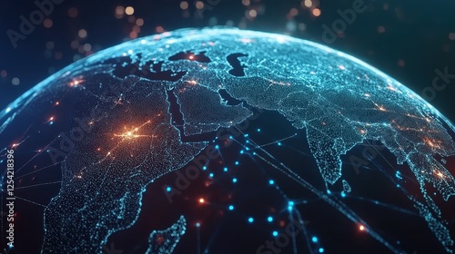 Wireframe globe with pulsating blue network lines connecting different countries, illustrating international digital connectivity, internet infrastructure, and cybersecurity concept, futuristic design