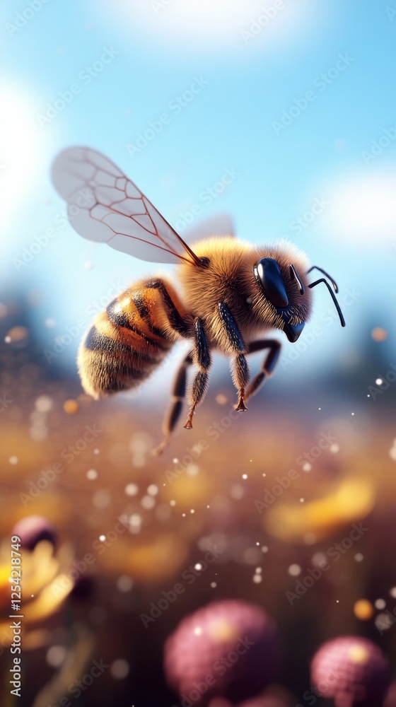 Fototapeta premium A playful 3D bee hovering over a vibrant flower