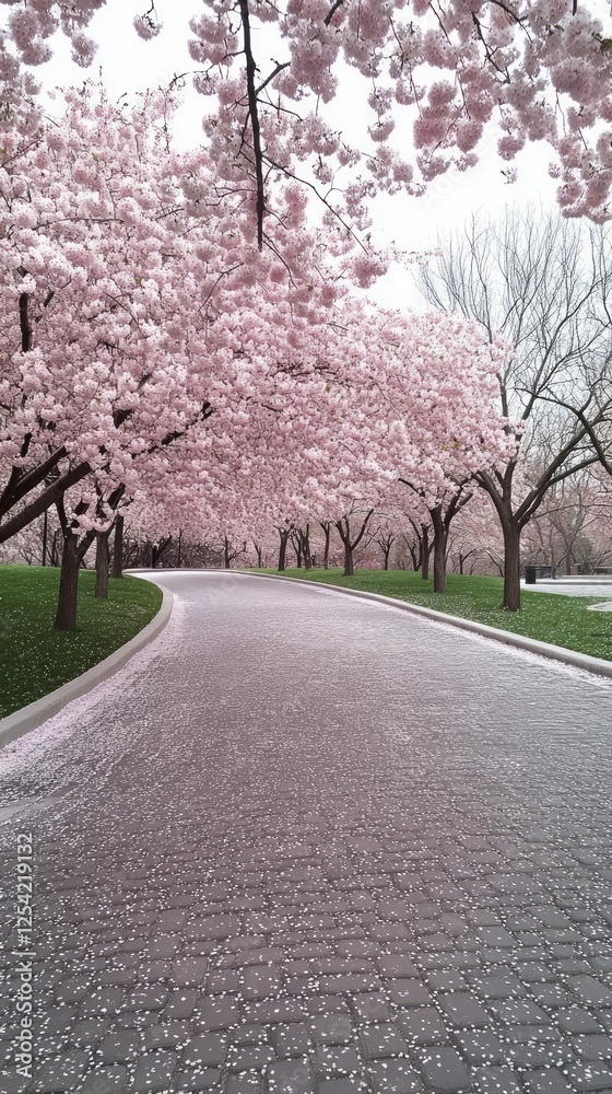 Naklejka premium A serene pathway flanked by blossoming cherry trees