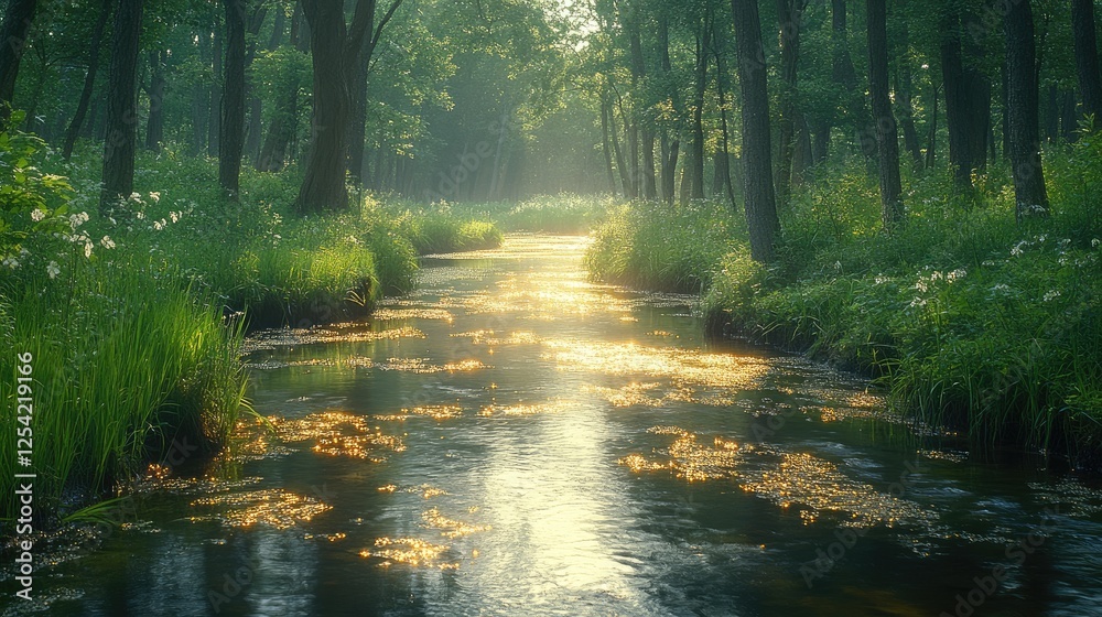 Obraz premium A serene river flows through a lush forest, illuminated by soft sunlight.