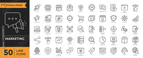 Marketing icon set. Marketing & Advertising icon collection. Containing Sales, e-commerce, SEO, business, feedback, analytics, ads, communication, content, and more. Vector illustration