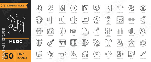 Music icon set. Containing musoc, sound, musical note, vinyl record, radio, piano, speaker, disc, and more icons. Vector illustration.