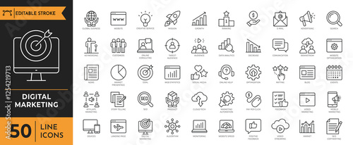 Digital Marketing icon set. Containing Website, seo, social media, online advertising, mail, content, strategy, target, feedback, and more. Vector illustration