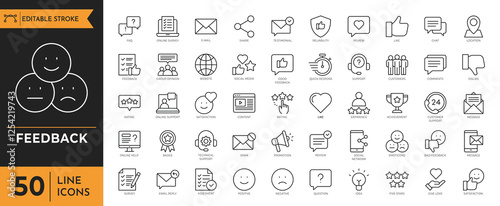 Feedback icon set. Containing Testimonial, Survey, Questionnaire, Satisfaction, Comment, Performance, and more. Vector illustration