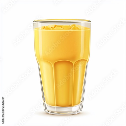 A glass of fresh mango juice with a frothy top and mango slices photo