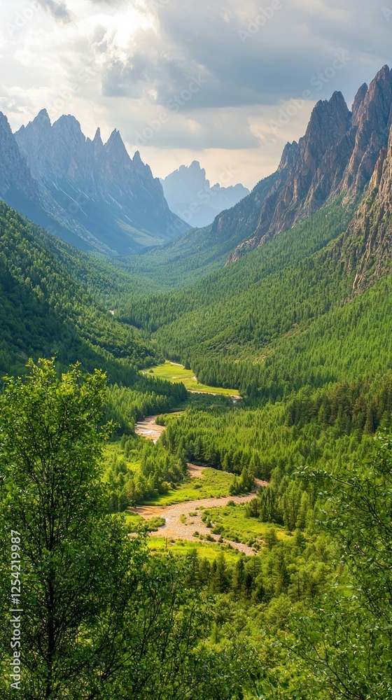 Fototapeta premium Mountain valley view, lush greenery, winding river, scenic landscape