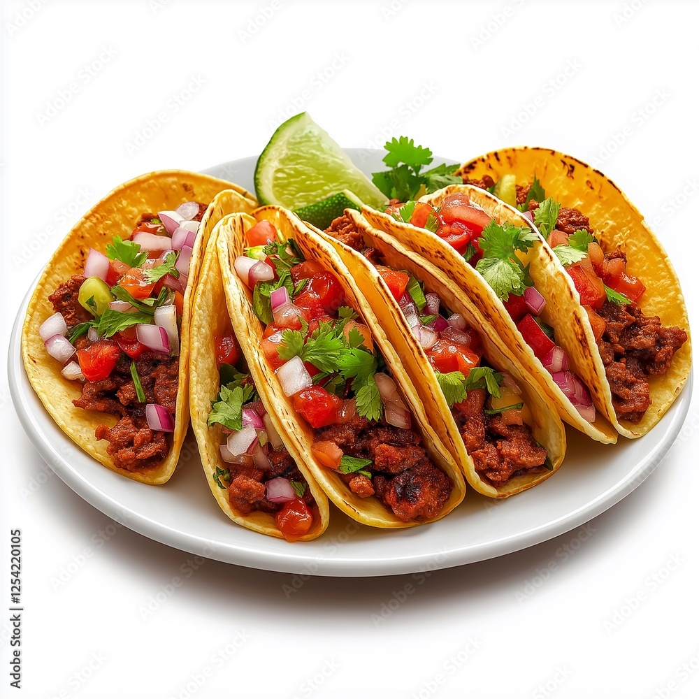 A plate of crispy tacos with spicy meat filling and fresh toppings A plate of crispy tacos with spicy meat filling and fresh toppings