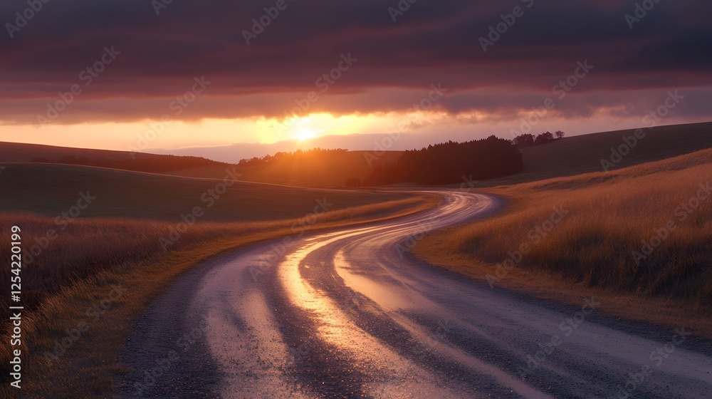 Sunset Country Road Winding Through Rolling Hills Sunset Country Road Winding Through Rolling Hills