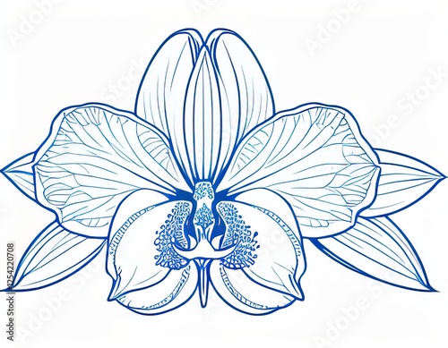 Elegant orchid line art illustration in blue with detailed petals and copy space