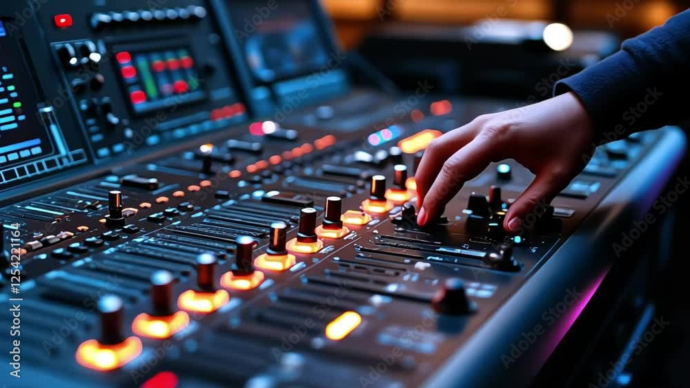 A close-up of a vibrant audio mixer console with glowing knobs in a studio setting, where a person's hand expertly adjusts sound levels under warm lighting