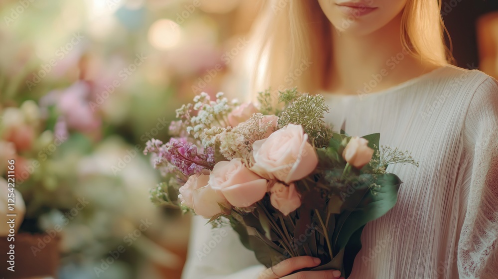 Naklejka premium A vibrant blonde florist with a stunning bouquet in hand