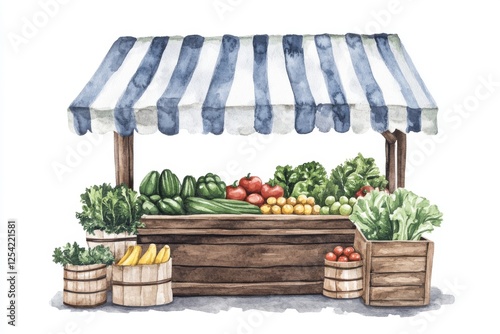 A delightful clip art item in watercolor style depicting a farmer's market