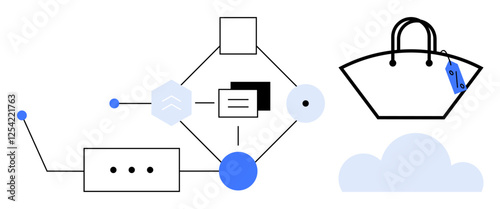 Network of geometric shapes connected by lines, a tote bag with a tag, and a cloud. Ideal for technology, connectivity, cloud storage, fashion, digital communication, data flow and online shopping