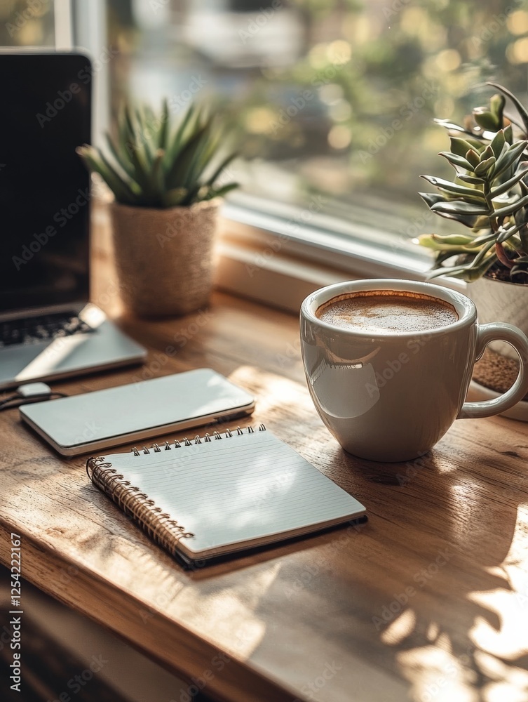 Cozy Workspace with Coffee: A sunlit desk featuring a laptop, notebook, and a steaming cup of coffee, evoking a sense of productivity and relaxation, ready for inspiration. Cozy Workspace with Coffee: A sunlit desk featuring a laptop, notebook, and a steaming cup of coffee, evoking a sense of productivity and relaxation, ready for inspiration.