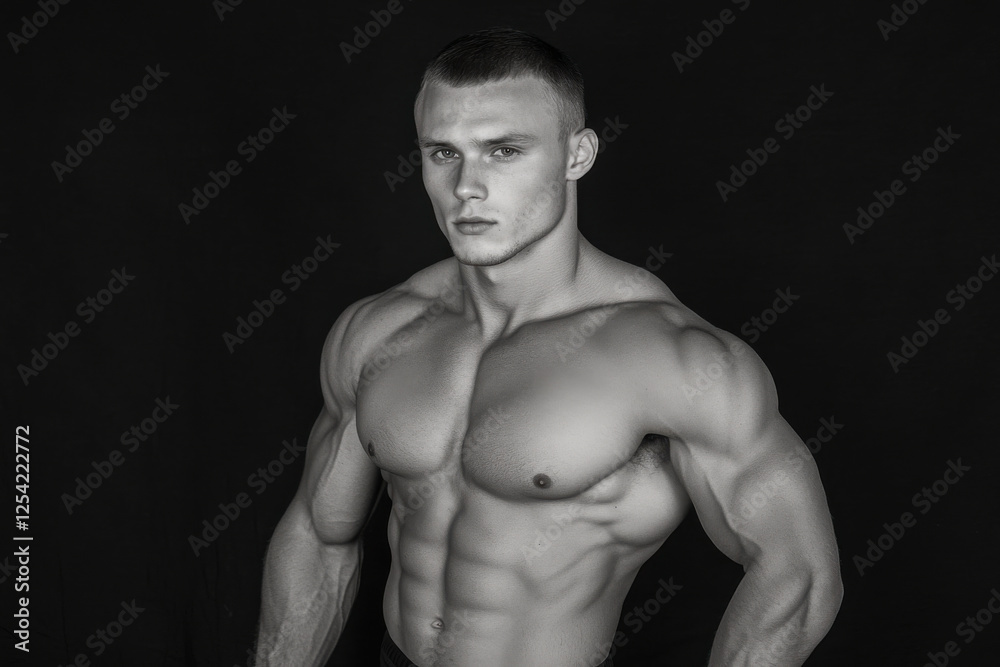 A man with a muscular body is standing in front of a black background A man with a muscular body is standing in front of a black background