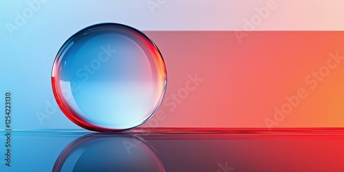 Colorful glass orb resting on a reflective surface with contrasting blue and red background at dusk