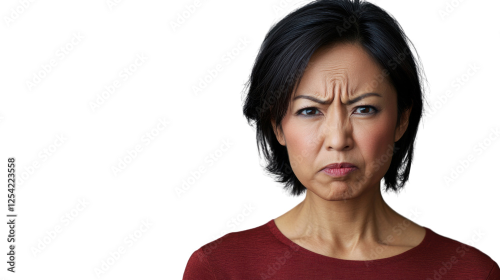 Skeptical asian woman frowning with transparent background Skeptical asian woman frowning with transparent background