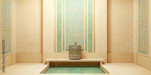 Interior of a traditional classic Turkish hammam bathhouse. Tiles on the walls, ornaments, bench, vat with water