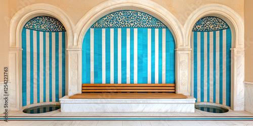 Interior of a traditional classic Turkish hammam bathhouse. Tiles on the walls, ornaments, bench, vat with water