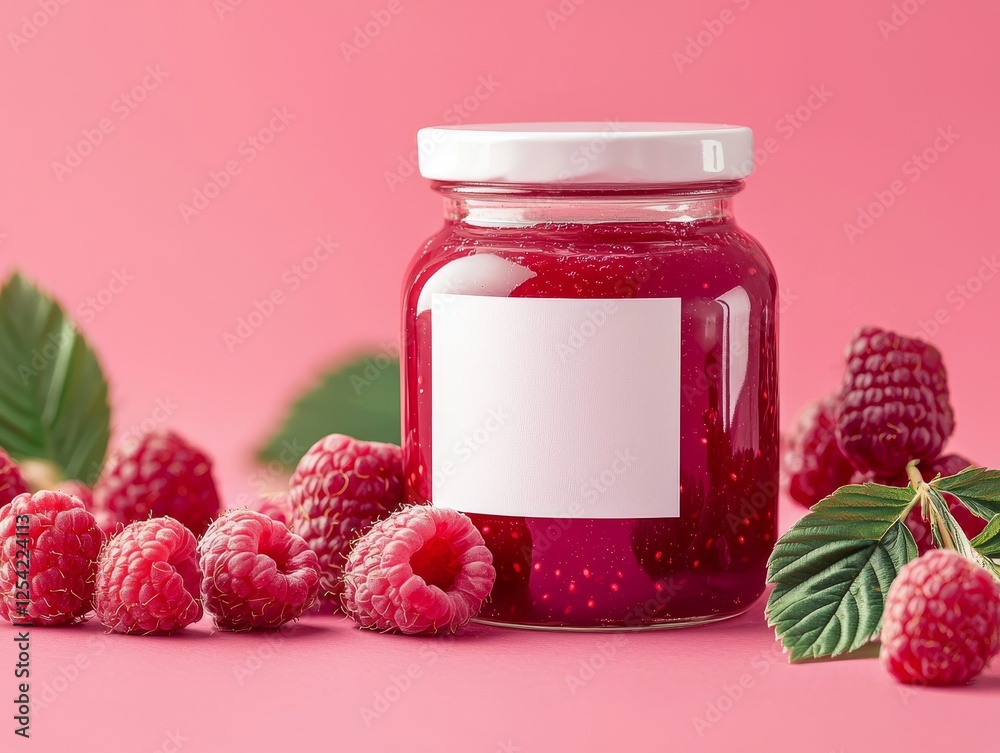 Close-up of a raspberry jam jar, white label mockup catching soft reflections, surrounded by fresh raspberries on a bold pink gradient backdrop Close-up of a raspberry jam jar, white label mockup catching soft reflections, surrounded by fresh raspberries on a bold pink gradient backdrop