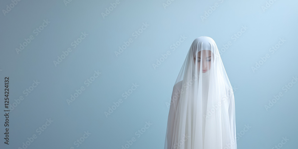 Muslim bride with her face hidden by a long veil. Traditional wedding, purity and innocence of the bride, the custom of hiding the female face. Muslim bride with her face hidden by a long veil. Traditional wedding, purity and innocence of the bride, the custom of hiding the female face.