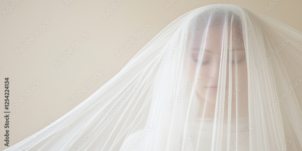Muslim bride with her face hidden by a long veil. Traditional wedding, purity and innocence of the bride, the custom of hiding the female face.