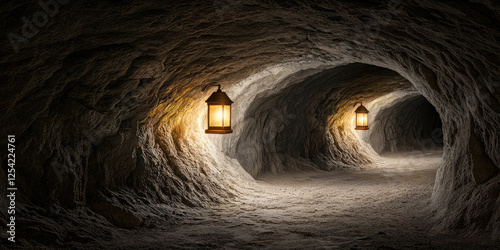 Underground cave tunnel with vintage lanterns. A tour of ancient dungeons and tunnels.