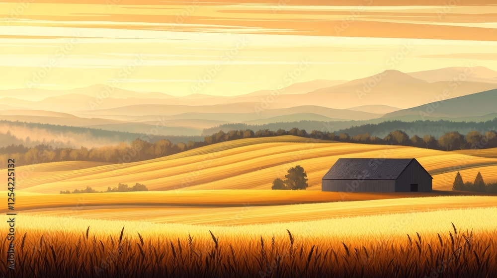 Obraz premium Golden Field With Barn At Sunset