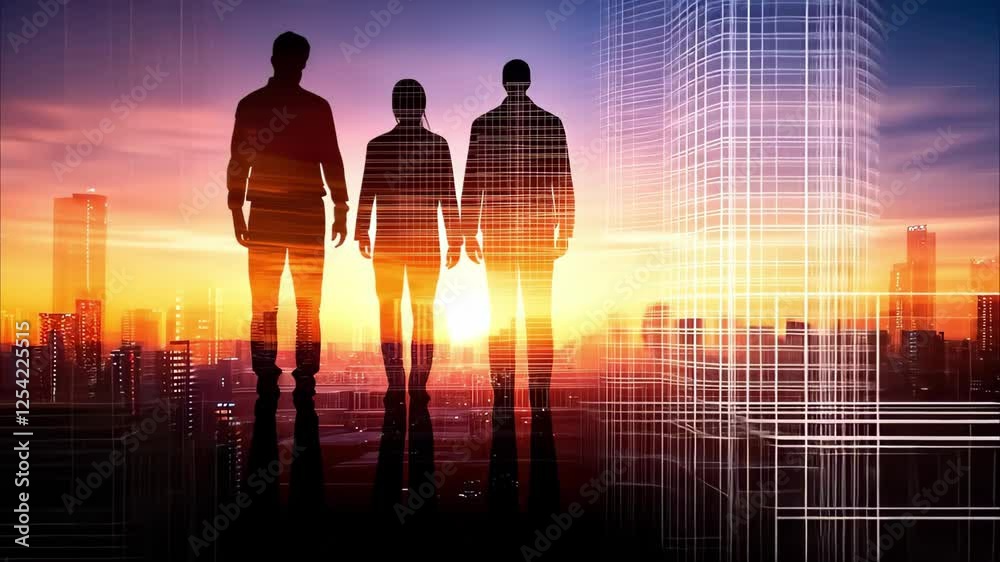 Silhouettes of three people against a vibrant sunset, with a city skyline and digital elements in the background.