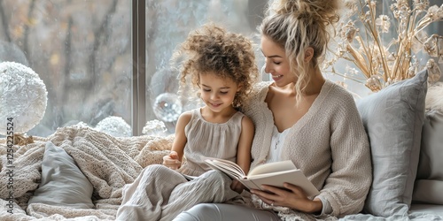 Mother and daughter enjoy reading together by the window on a cozy winter afternoon with soft textures and warm atmosphere