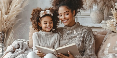 Mother and daughter reading together in a cozy living room during a leisurely afternoon