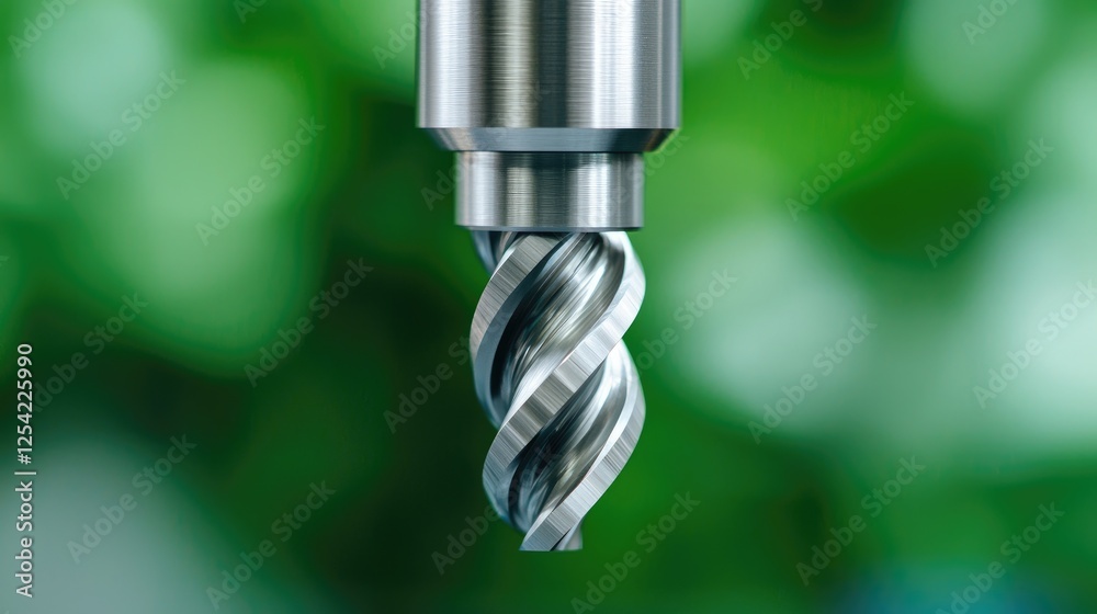 Closeup of metal drill bit against blurred green background Closeup of metal drill bit against blurred green background