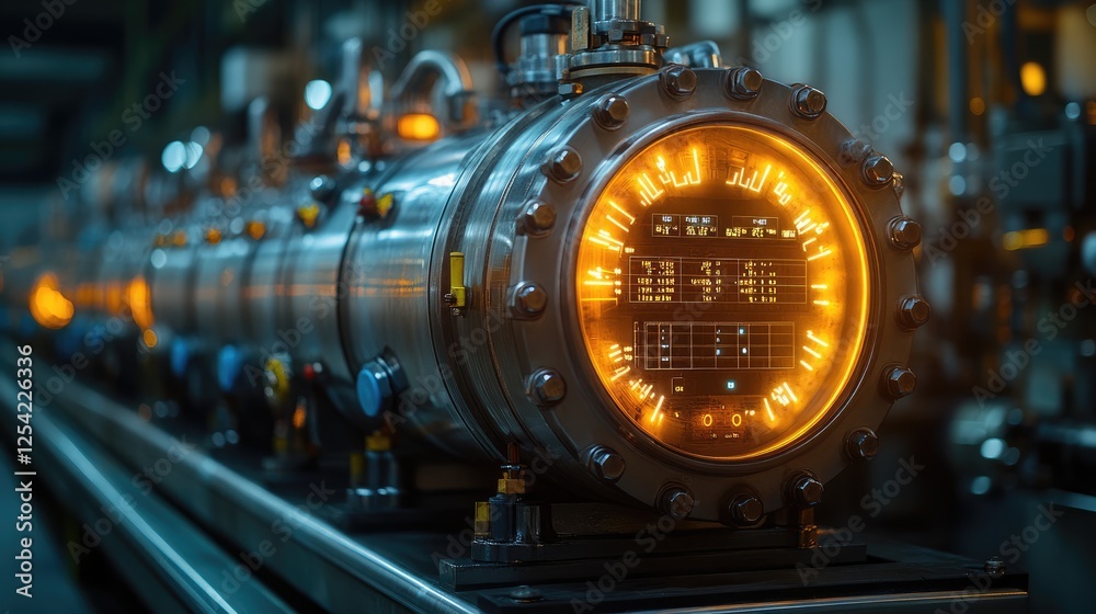 Fototapeta premium Industrial machinery with illuminated gauges, suggesting a high-tech environment.