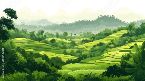 Pixelated Landscape Of Terraced Rice Paddies And Mountains