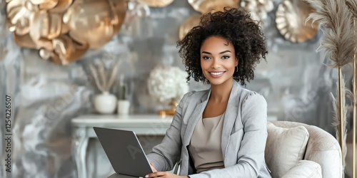 Professional woman working on laptop in modern office space with stylish decor