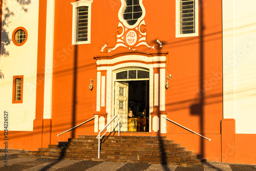 View of the facade and entrance of the Santa Izabel Church, in the center of Marilia, west center of the state of Sao Paulo.