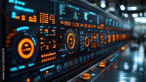 Wallpaper Mural A futuristic control panel with glowing orange and blue displays and various buttons. Torontodigital.ca